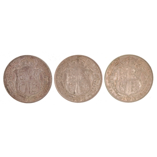 1166 - Three George V silver half crowns, dates including 1915, 1916 and 1918, very fine condition.