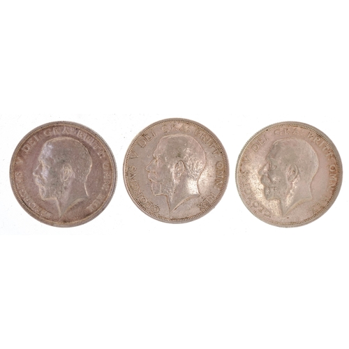 1166 - Three George V silver half crowns, dates including 1915, 1916 and 1918, very fine condition.