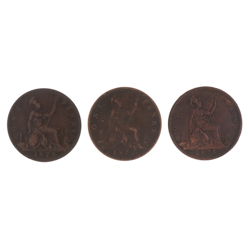 1169 - Three Queen Victoria bronze pennies, dates to include 1875 H, in fine to very fine condition, 1877 v... 