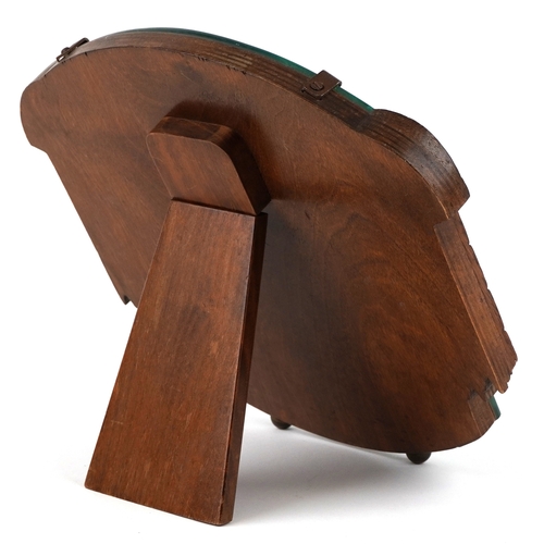 574 - An Art Deco oak easel mirror with bevelled glass and hand painted decoration, 28cm x 26cm.