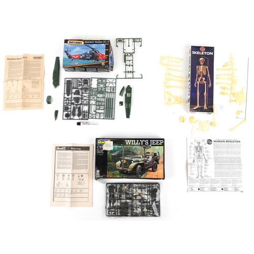 721 - Three vintage model kits comprising Airfix 1:6 Series 3 Skeleton, Revell 1:35 Willy's Jeep and Match... 