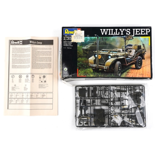 721 - Three vintage model kits comprising Airfix 1:6 Series 3 Skeleton, Revell 1:35 Willy's Jeep and Match... 