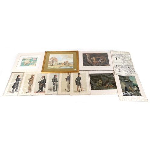 2264 - A collection of artwork including a watercolour of farm buildings, Vanity Fair prints and a comical ... 
