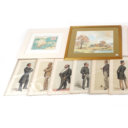 2264 - A collection of artwork including a watercolour of farm buildings, Vanity Fair prints and a comical ... 
