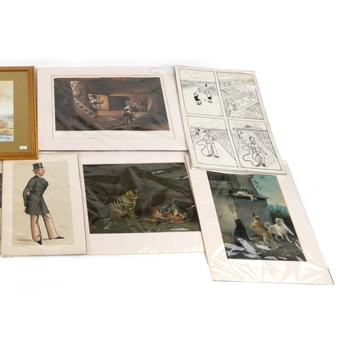 2264 - A collection of artwork including a watercolour of farm buildings, Vanity Fair prints and a comical ... 