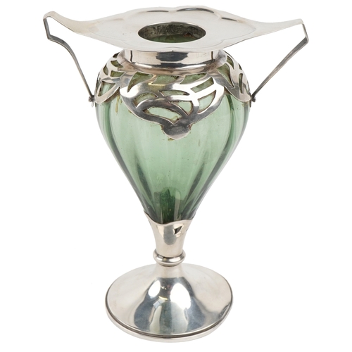 27 - An early 20th century Art Nouveau silver mounted and green glass twin handled vase, Birmingham 1903,... 