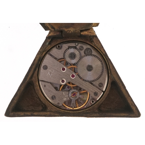 A masonic interest brass cased manual wind triangular pocket watch, 6cm ...
