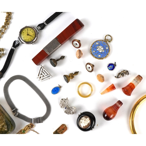 Antique and later jewellery, some silver, including seal fobs, agate ...
