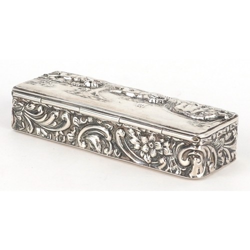 53 - An Edwardian silver hunting interest box, the hinged lid embossed with a hunting scene, Chester 1902... 