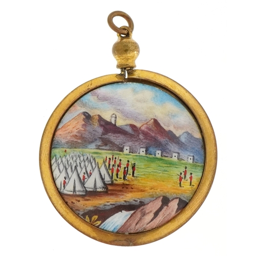 3098 - A sterling silver gilt and enamel pendant hand painted with a soldiers camp before mountains, 3.3cm ... 