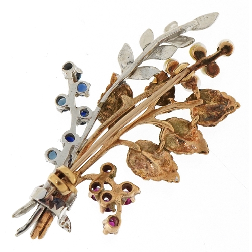 3050 - A 9ct gold floral brooch set with pink and blue spinels and cultured pearls, 4.8cm high, 6.9g.