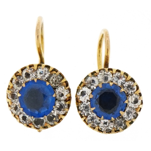 3067 - A pair of 9ct gold tanzanite and clear stone drop earrings, 1.0cm in diameter, total 2.5g.