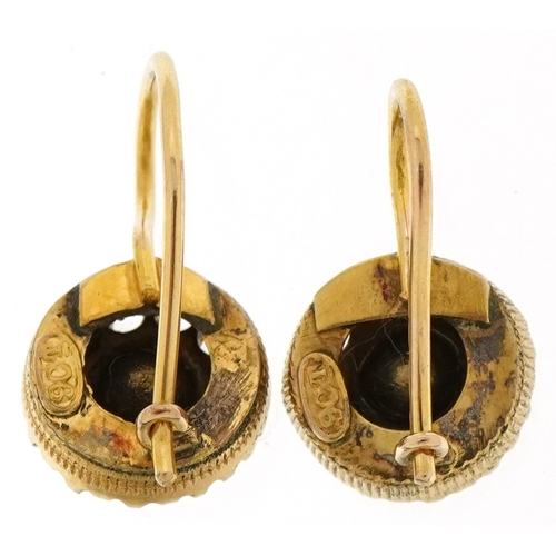 3067 - A pair of 9ct gold tanzanite and clear stone drop earrings, 1.0cm in diameter, total 2.5g.