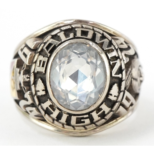 3116 - Balfour, a 10ct white gold white spinel solitaire ring, Baldwin High 1974, with enamelled and engrav... 