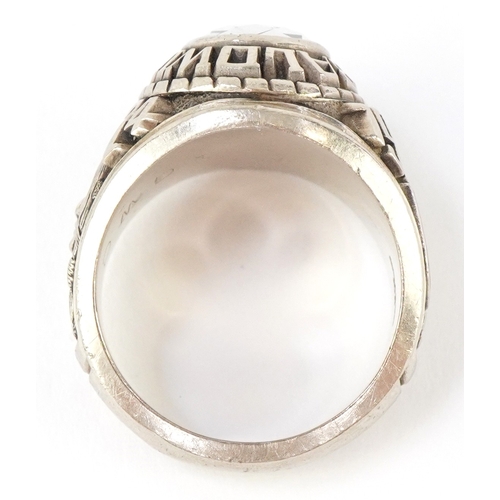 3116 - Balfour, a 10ct white gold white spinel solitaire ring, Baldwin High 1974, with enamelled and engrav... 