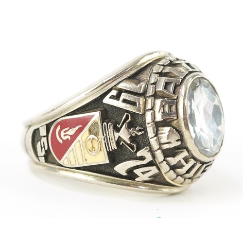 3116 - Balfour, a 10ct white gold white spinel solitaire ring, Baldwin High 1974, with enamelled and engrav... 