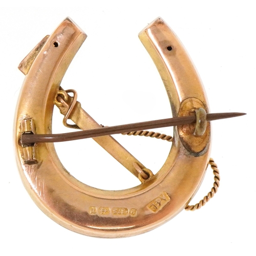  Adie & Lovekin, a Victorian 9ct gold equestrian interest brooch in the form of a riding crop and hor... 