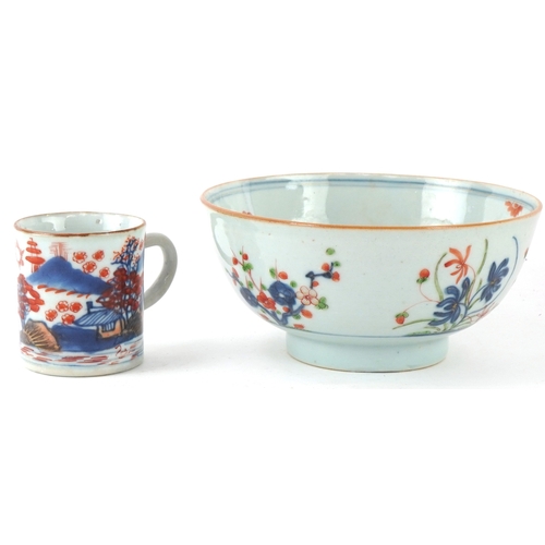 505 - Chinese porcelain comprising a footed bowl with hand painted floral decoration and a coffee can pain... 