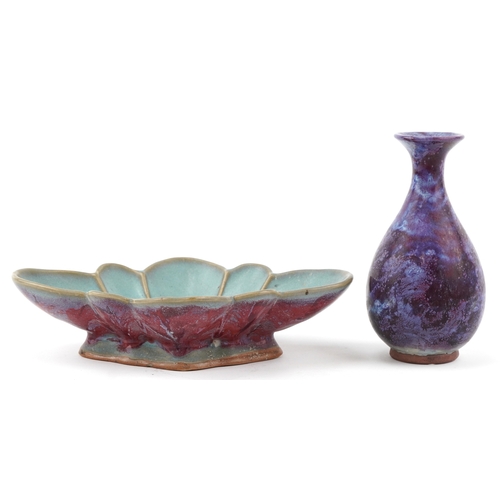 1631 - A Chinese pottery vase and similar lobed dish, 20th century, each with rich red/purple glazes, large... 