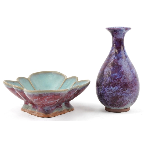 1631 - A Chinese pottery vase and similar lobed dish, 20th century, each with rich red/purple glazes, large... 