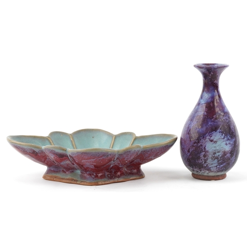 1631 - A Chinese pottery vase and similar lobed dish, 20th century, each with rich red/purple glazes, large... 