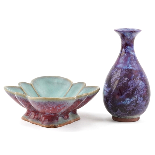 1631 - A Chinese pottery vase and similar lobed dish, 20th century, each with rich red/purple glazes, large... 