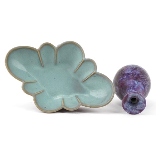 1631 - A Chinese pottery vase and similar lobed dish, 20th century, each with rich red/purple glazes, large... 