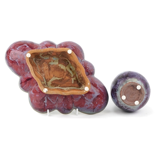 1631 - A Chinese pottery vase and similar lobed dish, 20th century, each with rich red/purple glazes, large... 