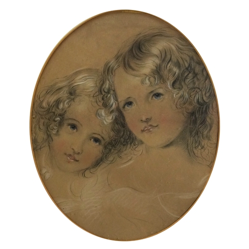 2298 - Heads and shoulders portrait of two young girls, early 20th century chalks and charcoal on paper, fr... 