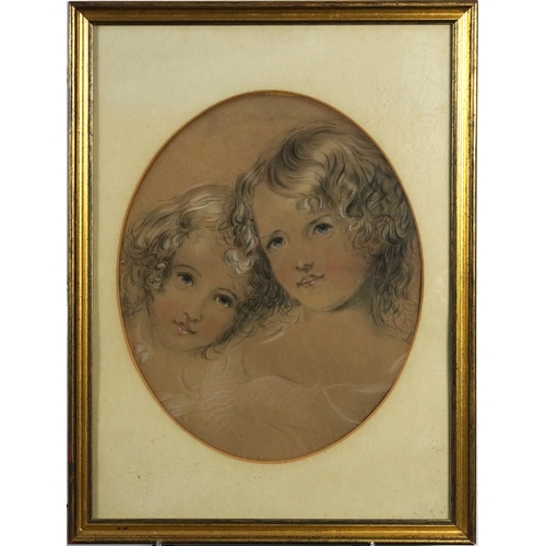 2298 - Heads and shoulders portrait of two young girls, early 20th century chalks and charcoal on paper, fr... 