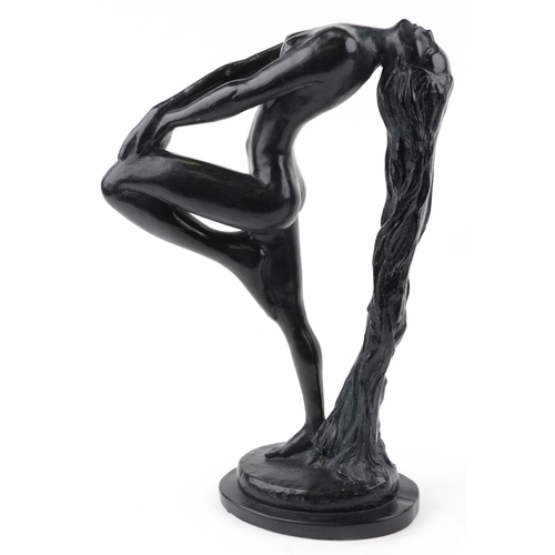112 - An Austin Productions Art Deco style sculpture of a nude female dancer, signed and dated 1979, 56cm ... 