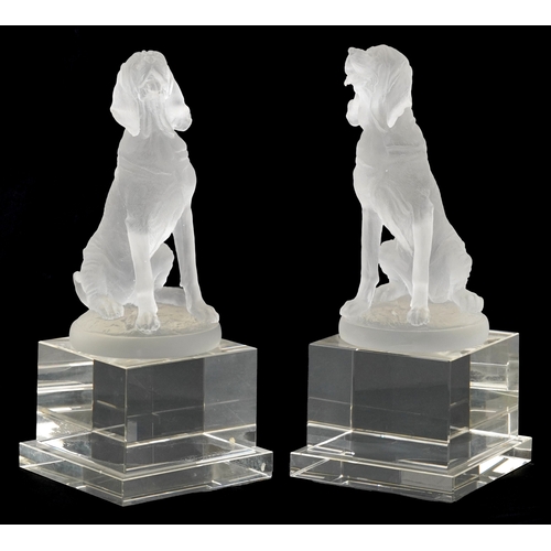 107 - After P. J. Mêne, two late 20th century frosted glass sculptures of seated dogs, signed, each mounte... 