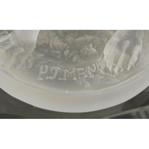 107 - After P. J. Mêne, two late 20th century frosted glass sculptures of seated dogs, signed, each mounte... 