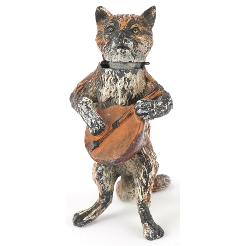 496 - A 20th century Austrian cold painted bronze 'Nodder' figure of a cat playing a musical instrument, 8... 