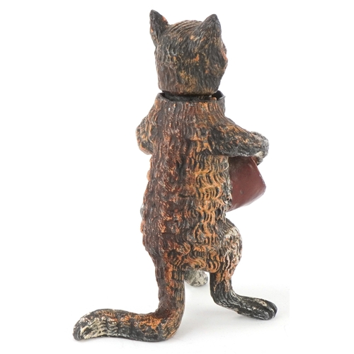 496 - A 20th century Austrian cold painted bronze 'Nodder' figure of a cat playing a musical instrument, 8... 