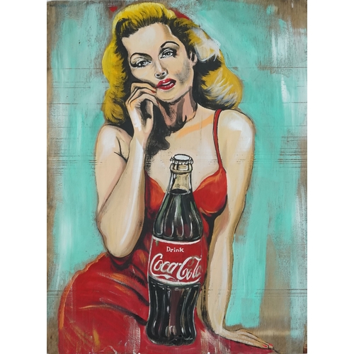 2279 - Clive Fredriksson - Drink Coca Cola, Modern British school oil on upcycled board, unframed, 84cm x 6... 