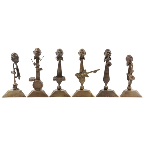 500 - A set of six mid/late 20th century bronze sculptures of jazz musicians, each on a triangular plinth ... 