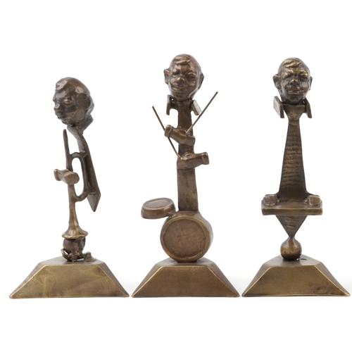 500 - A set of six mid/late 20th century bronze sculptures of jazz musicians, each on a triangular plinth ... 