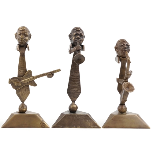 500 - A set of six mid/late 20th century bronze sculptures of jazz musicians, each on a triangular plinth ... 