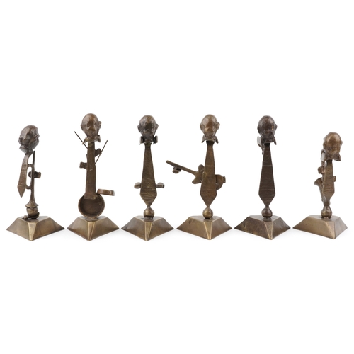 500 - A set of six mid/late 20th century bronze sculptures of jazz musicians, each on a triangular plinth ... 