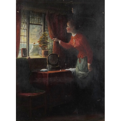 2523 - Attributed to David Hardy (Active 1855-1870) - Lady looking out of her window, late 19th century Bri... 