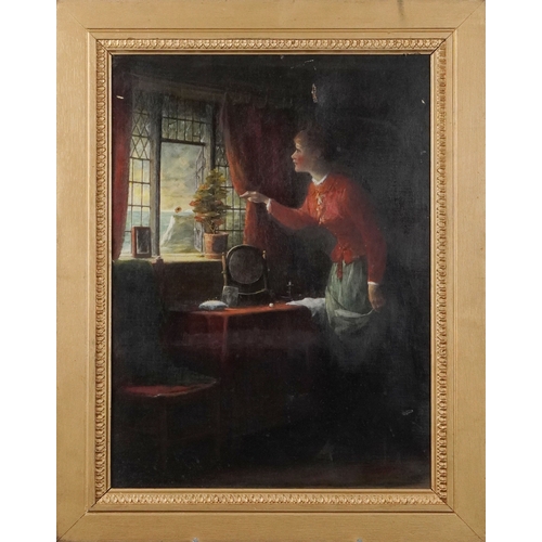 2523 - Attributed to David Hardy (Active 1855-1870) - Lady looking out of her window, late 19th century Bri... 