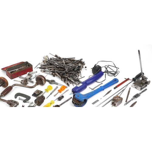1703 - Vintage tools including hand drills and drill bits.