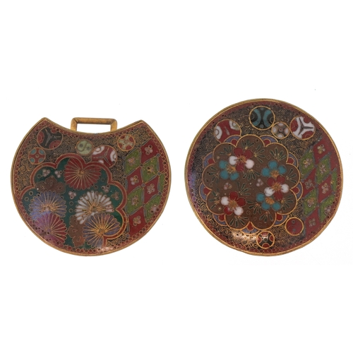 1602 - A Japanese brass champlevé enamel two piece belt buckle finely enamelled with flowers, 8cm wide.