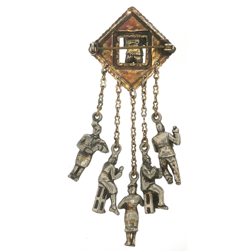 3364 - A vintage white metal dangling brooch in the form of figures at a bar bar including cocktail mixolog... 