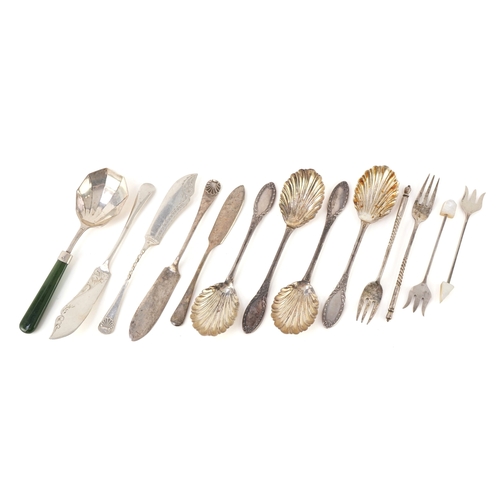3695 - Victorian and later silver comprising cocktail forks with mother of pearl handles, butter knives and... 