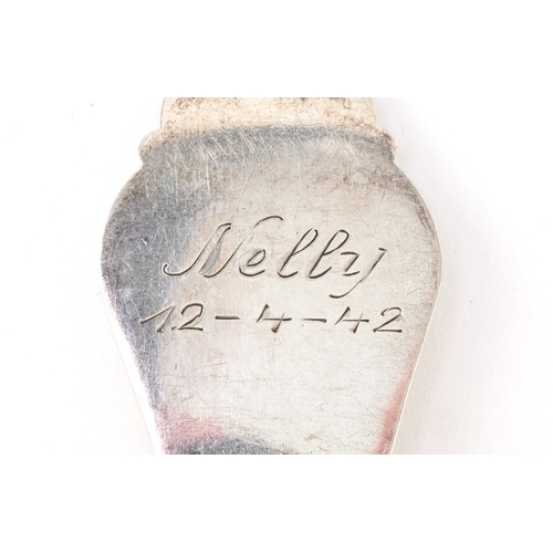 3689 - Johannes Siggaard, two Danish silver serving spoons, one with planished decoration, the largest 22cm... 