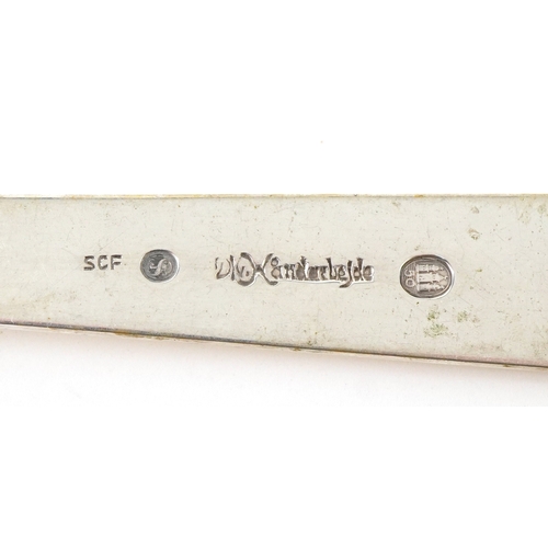 3689 - Johannes Siggaard, two Danish silver serving spoons, one with planished decoration, the largest 22cm... 