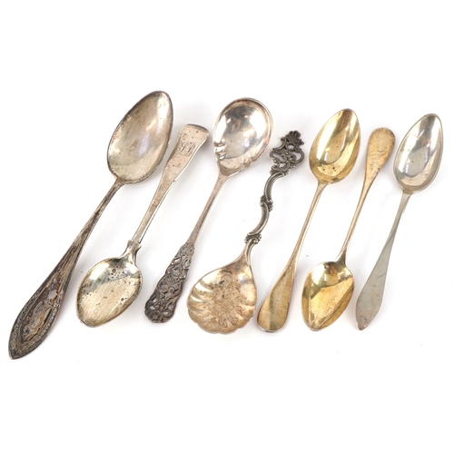 3694 - Antique and later silver spoons, some with pierced floral decoration, the largest 18cm in length, to... 