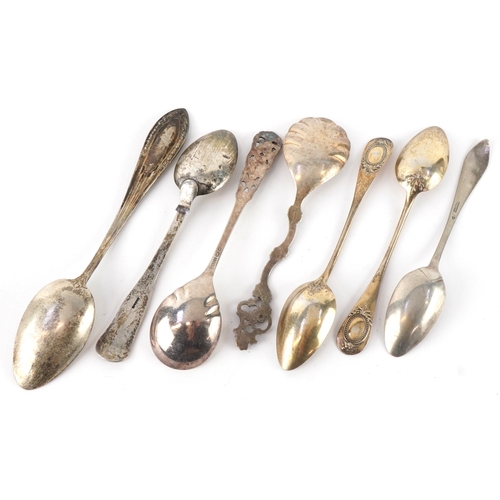 3694 - Antique and later silver spoons, some with pierced floral decoration, the largest 18cm in length, to... 